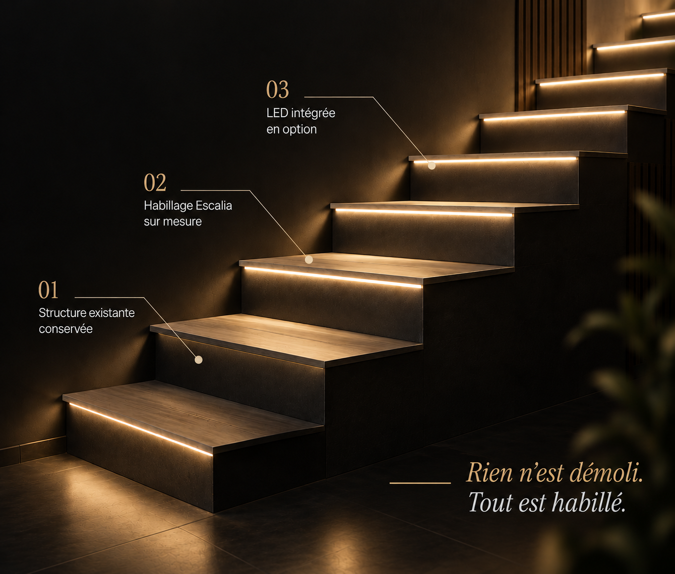 Le principe Escalia : structure existante conservée, habillage sur mesure, LED optionnelle.